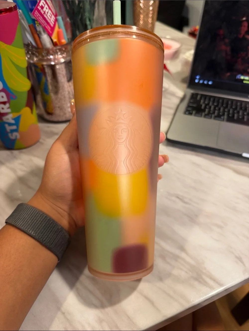 starbucks 2024 multicolor pattern peach coral soft touch 24 oz